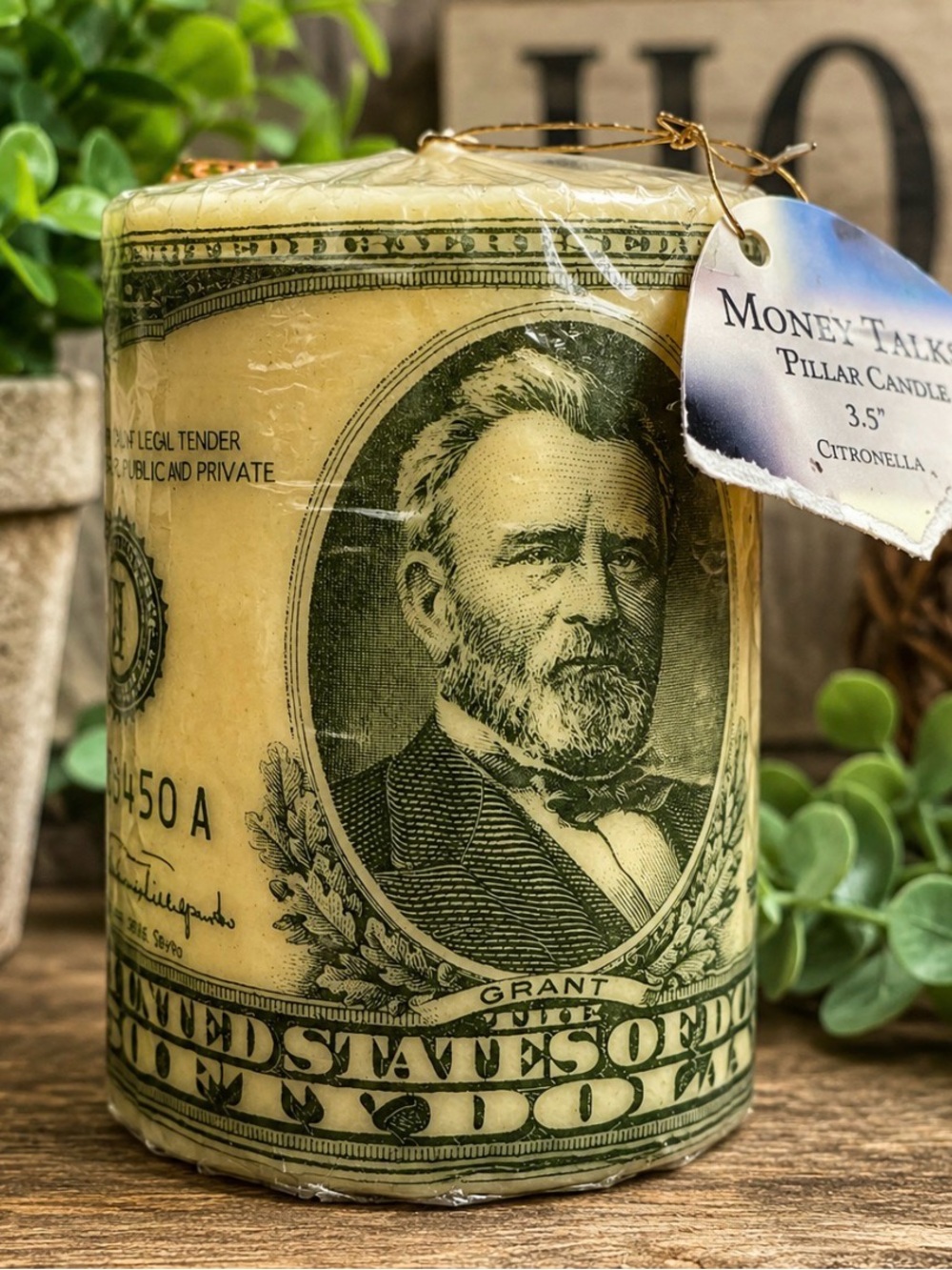 Vintage 1996 Sun-It Corp Money Talks $50 Bill Citronella Pillar Candle 3.5” NOS